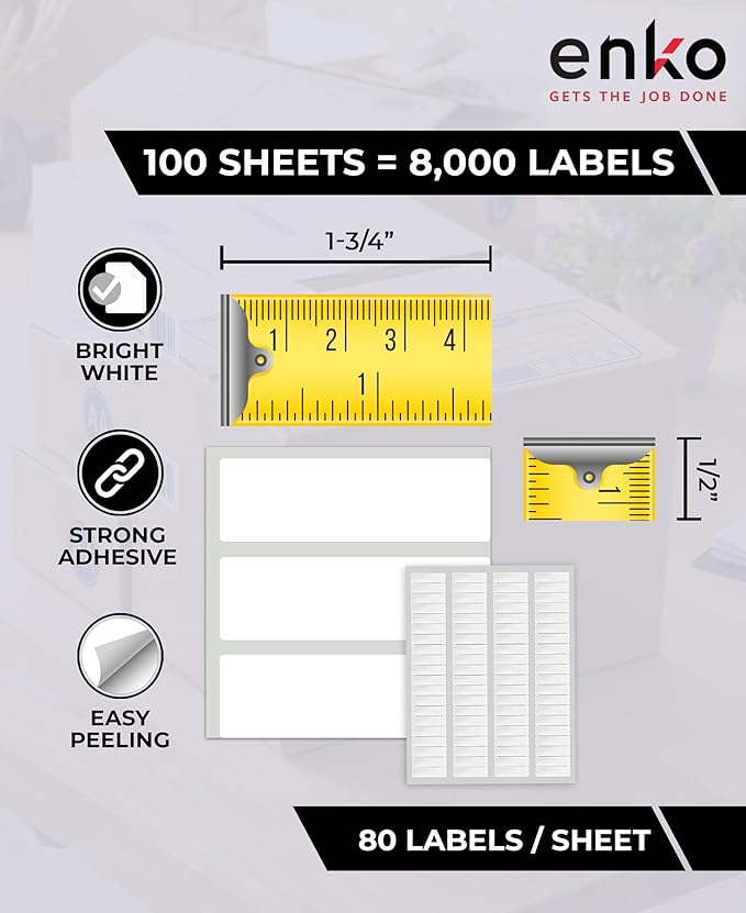 enKo 8000 Labels, 1/2" x 1-3/4" - White - Address, Mailing, Shipping & Barcode Blank Labels for Laser and Inkjet Printers