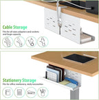 KEEGH 16" Under Desk Cable Management Tray, 2 Pack Desk Cord Organizer Upgrade Capacity, Drill Free Clamp/Screw Mount, Sturdy Metal Tray for Connect Cables, Home, Office, White