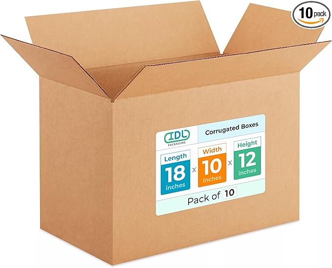 Medium Shipping & Moving Boxes 18x10x12 inches (10-Pack) - Extra Strength 200 lb vs Regular - Corrugated Durable Moving Boxes - Heavy Duty Box, Made in USA - Cardboard Moving Box by IDL Packaging