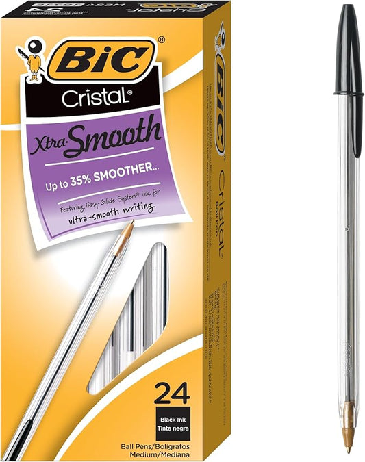 BIC Cristal Xtra Smooth Black Ballpoint Pens, Medium Point (1.0mm), 24-Count Pack, Extra Smooth and Reliable Ballpoint Pens