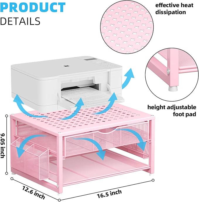 Marbrasse Metal Printer Stand for Desk with Storage Drawer and 2 Pen Holders, 2-Tier Desktop Organizer Printer Table for Home Office, Multi-Purpose Desk Organizer for Fax Machine Scanner Files(Pink)