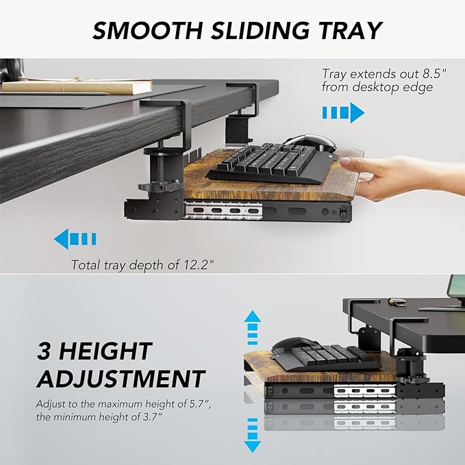 Keyboard Tray Under Desk Pull Out with Extra Sturdy C Clamp Mount System, 27.3 (32.5 inch Including Clamps) x 11 Inch Slide-Out Platform Computer Drawer for Typing Vintage AX01WG02