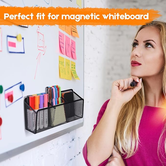 Ameceres Magnetic Pencil Holder - Extra Strong Magnets Mesh Marker Holder Perfect for Whiteboard, Refrigerator and Locker Accessories (3 Baskets, 1 Pack Black)