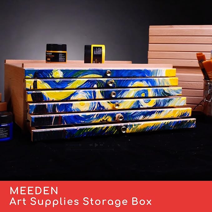 MEEDEN 6-Drawer Artist Supply Storage Box - Portable Foldable Multi-Function Beech Wood Artist Tool & Brush Storage Box with Compartments & Drawer for Pastels, Pencils, Pens, Brushes, Stamp