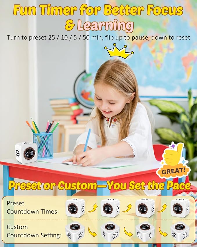 Digital Pomodoro Timer Cube 5/10/25/50min, Visual Productivity Flip Timer for Kids Classroom Desk, Custom Countdown, Silent and Sound Mode for ADHD Study Work Game Kitchen (White)
