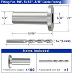 Steel DN Mate 100 Pack Stainless Steel Protector Sleeves for 1/8" 5/32" or 3/16" Cable Railing, Cable Protector Sleeves for Cable Railing System,T316 Cable Railing Hardware with a Drill Bit, DE100