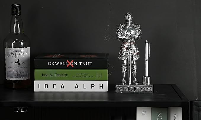 Amoysanli Knight Pen Stand Decoration Resin Pen Holder Art Craft Paperweight for Desktop Organizer Festival Gifts for Boyfriend Husband Dad Son(Silver)