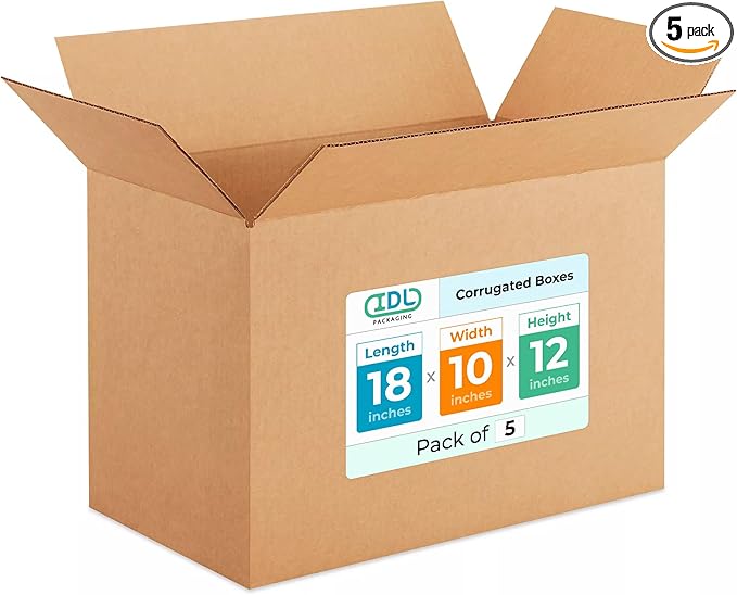 Medium Shipping & Moving Boxes 18 x 10 x 12 inches (5-Pack) - Extra Strength 200 lb vs Regular - Corrugated Medium Moving Boxes - Box for Moving for USPS, UPS, FedEx - Packing Box by IDL Packaging