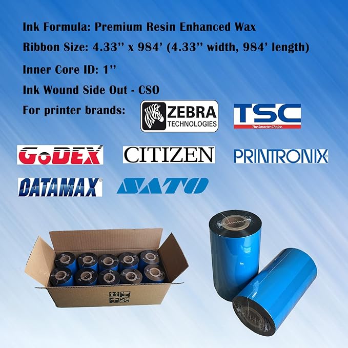 4.33'' x 984' Premium Resin Enhanced Wax Ribbon, 110mm x 300m Black Thermal Transfer Ribbon, Barcode Thermal Label Printer Ribbon, CSO-Ink Outside, 1'' Core for Zebra, TSC, GoDex, Citizen (1 Roll)