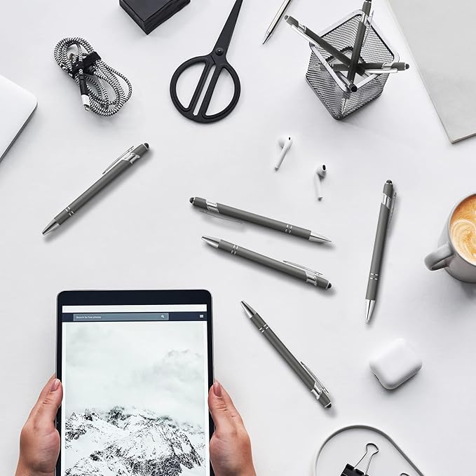 Tenare 12 Pieces 2 in 1 Stylus Metal Ballpoint Pen with Stylus Tip, 1.0 mm Black Ink Ballpoint Pen for Touch Screens(Gray and Silver)