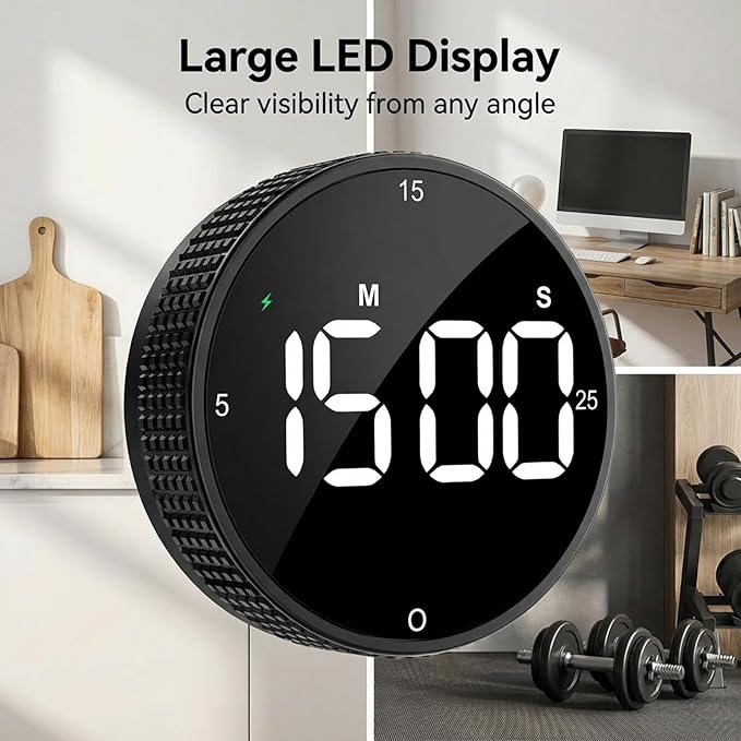 Rechargeable Magnetic Kitchen Timer, LED Countdown/Count-Up Timer, Supports USB-C Charging, with Loud Alarm, 3 Preset Quick Times (5/15/25m), Perfect for Kitchen Cooking, Studying, and Fitness