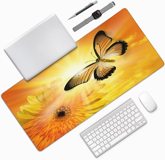 CANFLASHION Gaming Mouse Pad,Large Mouse Pads for Desk,Non-Slip Rubber Base Extended Mousepad,XXL Keyboard Mouse Mat,Computer Keyboard Desk Pad with Stitched Edges,35.4x15.8inch,Flower Sun Butterfly