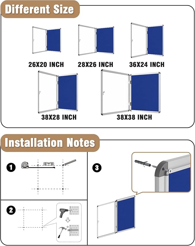 Mifuro 36"x24" Enclosed Bulletin Board, Lockable Weather-Resistant Aluminum Cork Noticeboard for School & Office, Silver Frame w/Blue Flet