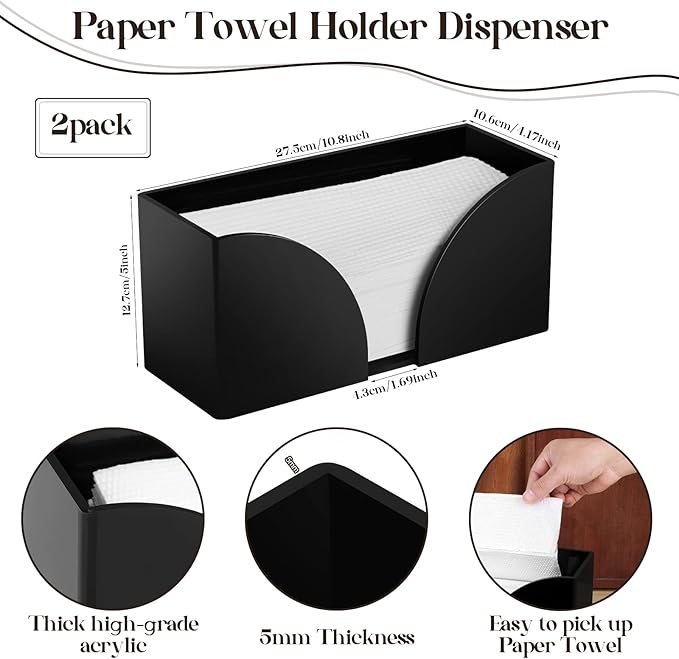 2Pack Paper Towel Dispenser Countertop, Black Acrylic Paper Towel Holder for Bathroom Folded Paper Towel Dispenser Clear Trifold Napkin Holder for Z-fold, C-fold, MultiFold Trifold - Home Kitchen