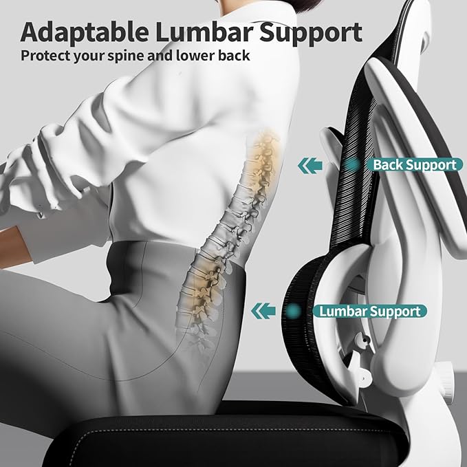 TRALT Office Chair - Ergonomic Desk Chair with Adjustable Lumbar Support, Mesh Computer Chair, Executive Chairs for Home Office Comfortable Lumbar Support (White+Black)