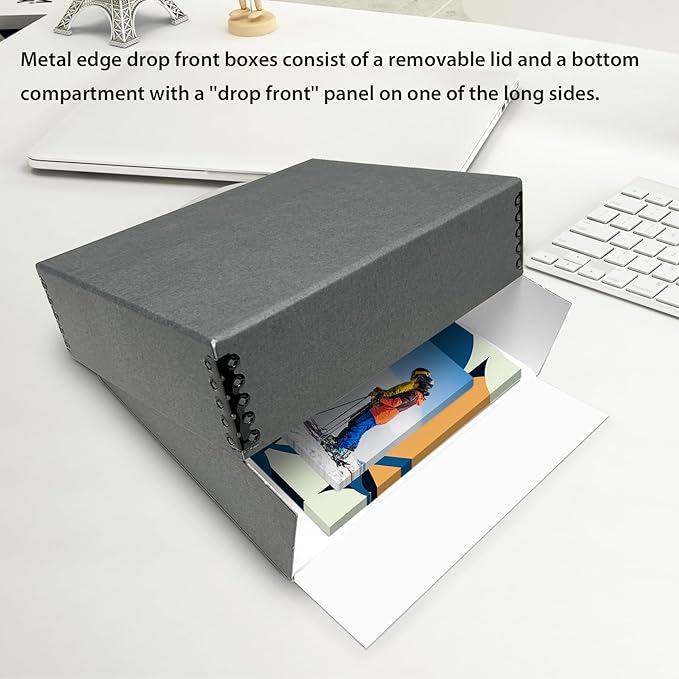 Lineco Museum Archival Storage Box, 9.75x12.75x3 in. Drop Front Design. Acid-Free with Metal Edge. Organize Photos, Pictures, Prints, Documents, Crafts, DIY. Gray, 1 Pack