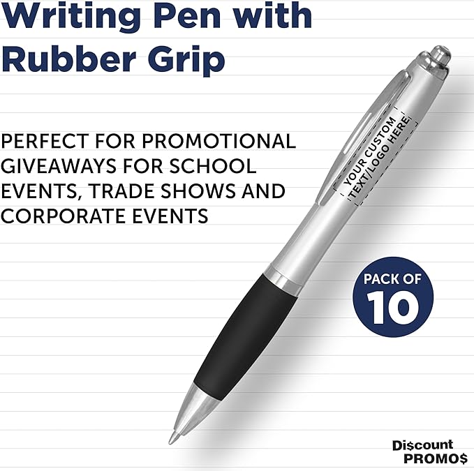 DISCOUNT PROMOS Personalized Ballpoint Pens With Rubber Grip, 10 pack Customizable Ergonomic Click-to-Write Custom Writing Pens for School with Black Ink, Black