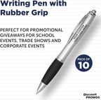 DISCOUNT PROMOS Personalized Ballpoint Pens With Rubber Grip, 10 pack Customizable Ergonomic Click-to-Write Custom Writing Pens for School with Black Ink, Black