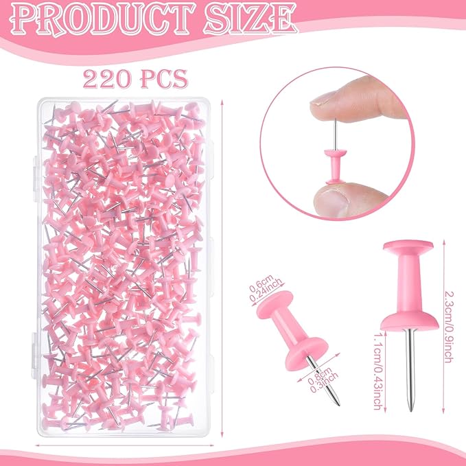 220 Count Pink Push Pins, Standard Plastic Head Steel Point Thumb Tacks Decorative Push Pins for Cork Board Wall Hanging