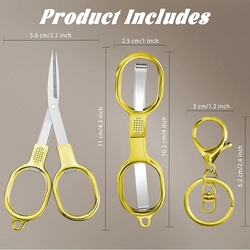2 PCS Stainless Steel Mini Folding Scissors, Safety Pocket-Sized Multipurpose Scissors with Keychains for Travel, Home, Office, Crafts, Sewing & Nurse Accessories (Gold)