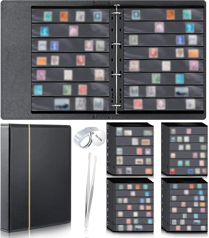 Lewtemi Stamp Collecting Albums Set Stamp Collection Book Include 20 Pages Album Binder Tweezer and Loop Magnifier Collecting Supplies for Collectors (Black,5/6/7/8 Rows)