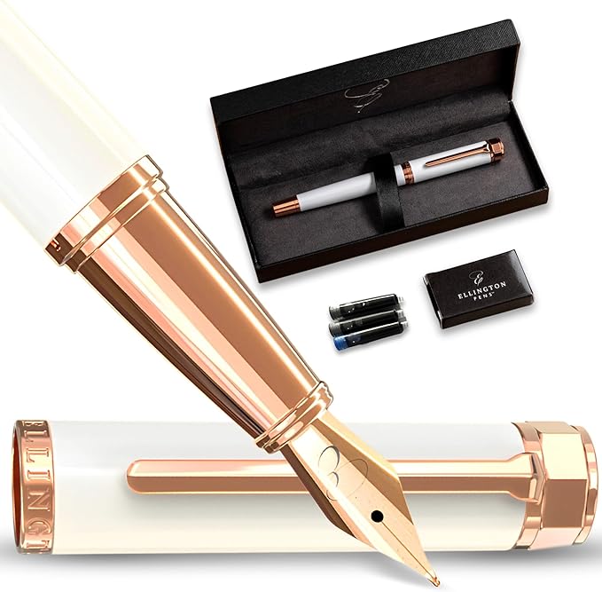 Ellington Pens Luxury Fountain Pen Set - Smooth Fine Nib - Includes 3 Ink Cartridges, Refillable Ink Converter, Gift Box - Fountain Pens For Writing, Calligraphy, Journaling, Sketching (Alpine Rose)