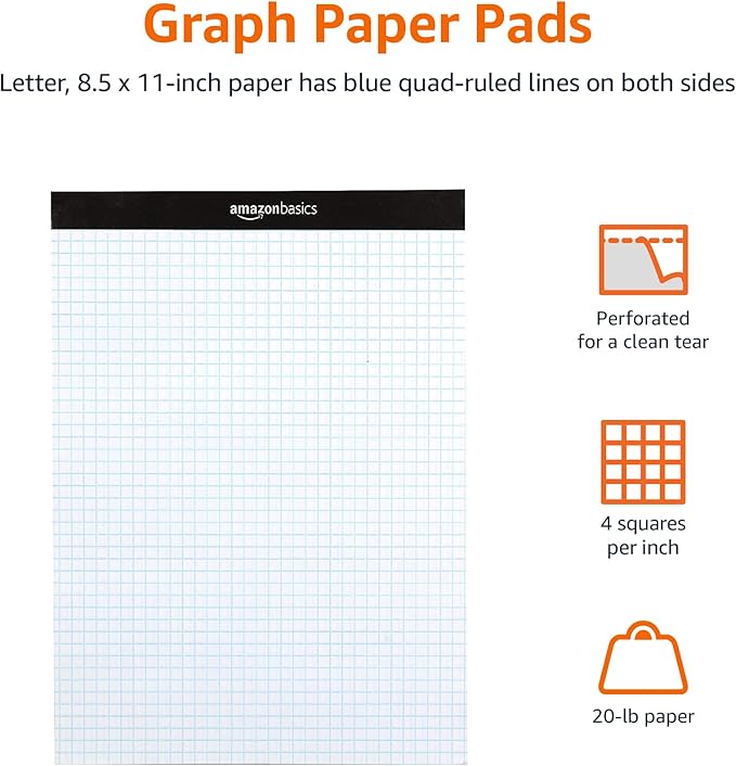 Amazon Basics Quad Ruled Graph Paper Pad, 600 Sheets, 6-Pack (100 Sheets Each), White, Letter Size 8.5 x 11 in