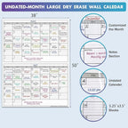 Magnetic-Receptive Dry Erase Two Month Laminated Jumbo Wall Calendar, 38" x 50",Big Whiteboard Calendar with Iron Sheet Backing-Works with Magnetic Markers Eraser, Giant Blank Poster with Square