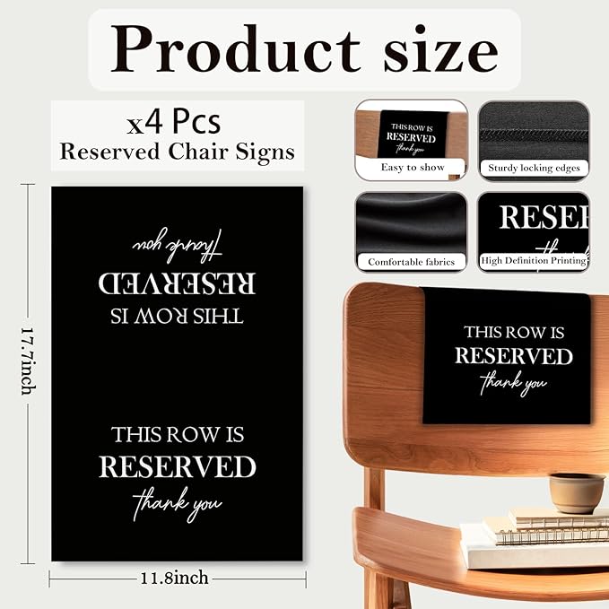 ChissNook Reserved Seating Chair Signs, This Row Is Reserved Pew Cloths Seating Placeholder for Church Pews, Wedding Decorations for Reception Parties Celebrations Event Meetings (Black, 4 PCS)