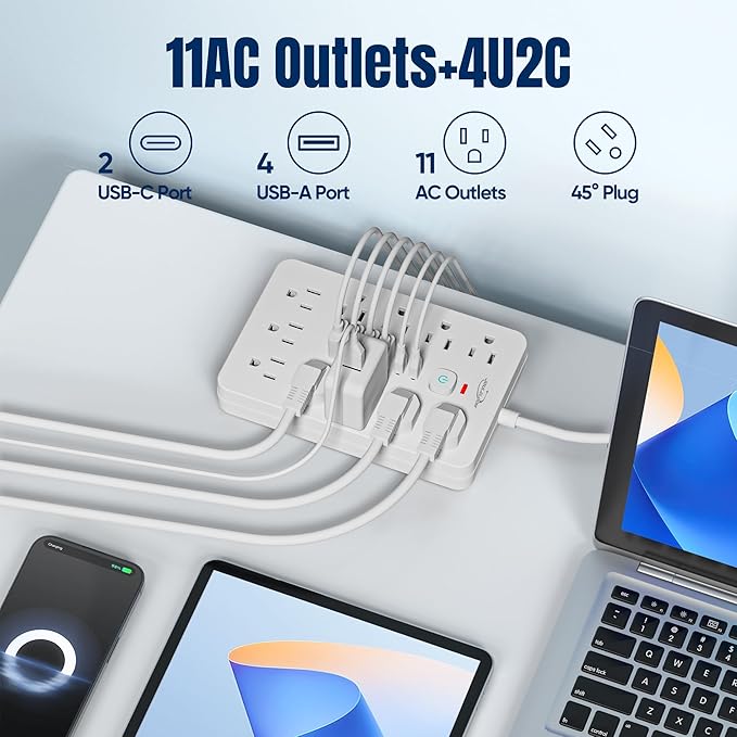 JouleLoom 15 FT Flat Plug Surge Protector Power Strip,11 Multiple AC Outlets with 6 USB Ports (2 USB C), 15 Feet Extension Cord, 1250W/10A, One Touch Switch Button, White