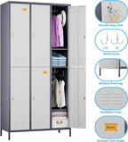 SUPEER 6 Doors Metal Locker for Employees with 18 Hooks and Business Card Holder,Metal Locker with Ventilation Holes for School Garage Office Gym Home,Assembly Required,Grey-White