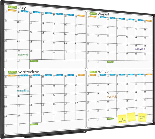 JILoffice Magnetic Dry Erase Calendar Whiteboard, 4 Month White Board Planner 48 X 36 Inch, Black Aluminum Frame Wall Mounted Board for Office Home and School