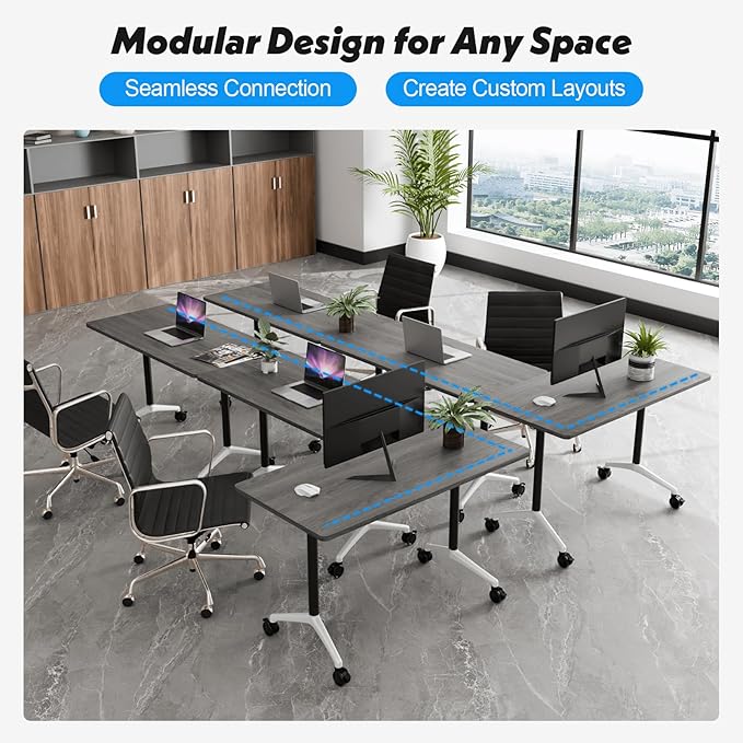 Goakwwuz Conference Room Table, Folding Conference Tables,Thicken Grey Tabletop,Flip Top Wooden Seminar Meeting Room Table for Conference Room Offices (6, Grey, 55.1”)