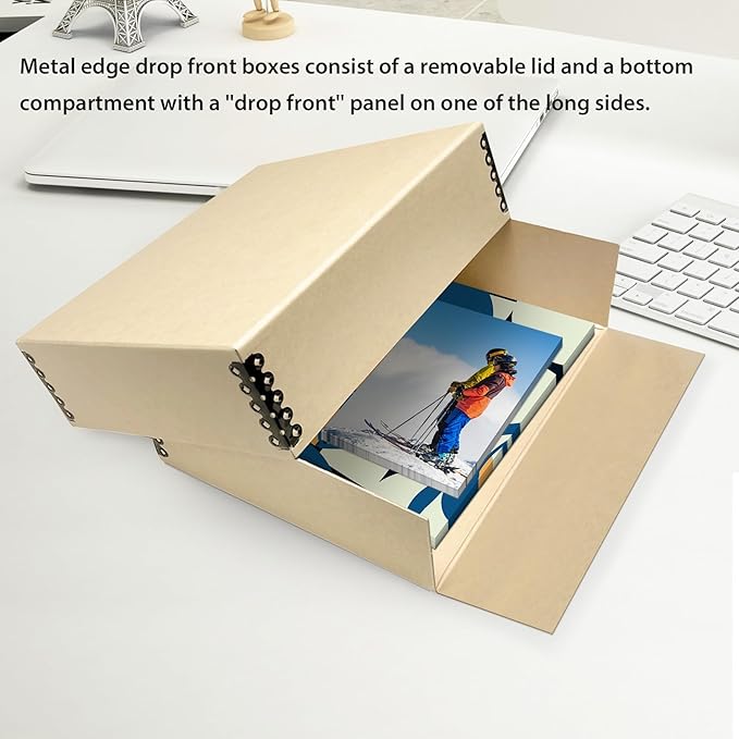 Lineco Museum Archival Storage Box, 8.75x10.75x3 in. Drop Front Design. Acid-Free with Metal Edge. Organize Photos, Pictures, Prints, Documents, Crafts, DIY. Tan, 1 Pack