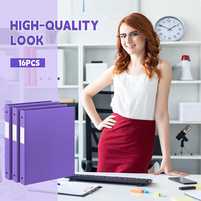 Henoyso 16 Pcs 3 Ring Binder 0.5 Inch Round Fits Letter Size 8.5'' x 11'' Paper Plastic Flexible Binder Bulk Holds 140 Sheets with 1 Pockets Versatile Organizer for Home Office School (Purple)