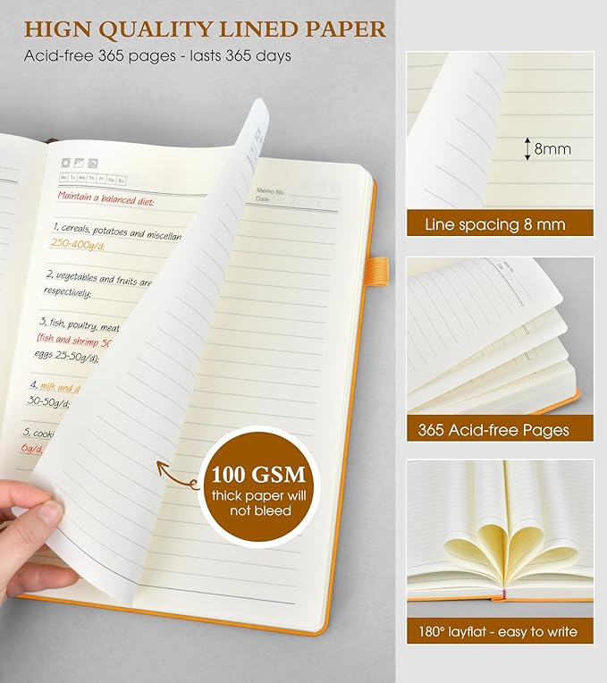 A4 Lined Journal Notebook，365 Page Large Leather Journals for Writing Women Men，Hardcover Notebook with 100Gsm Thick Pages for Travel，Work，School，College Ruled, Daily Diary (8.5" x 11.4")