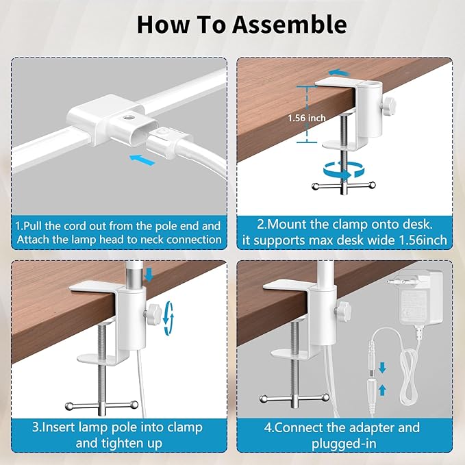 KableRika Desk lamp,Double Head LED Desk Lamp with Clamp,Architect Desk Lights for Home Office,Eye-Caring Desktop Office Lamp 4-Brightness 4-Color Table Lamp for Monitor Workbench Reading White