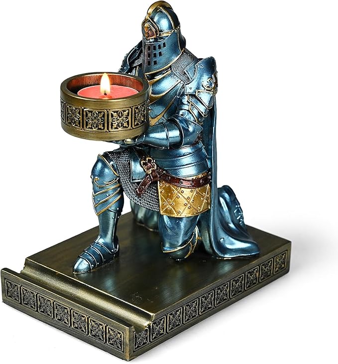 King's Guard Kneeling Knight Candlestick Holders Resin Posture TeaLight Holder Warrior Mobile Phone Stand Pen Holder Candle Holder for Restaurant, Altar, Home Table(Blue)