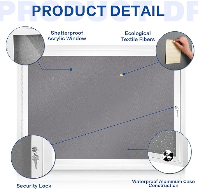 SWANCROWN Enclosed Bulletin Board Grey Felt Displays Boards Weather Resistant Wall Mounted Notice Case,37x28inches