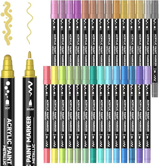 28 Metallic Colors Dual Tip Acrylic Paint Markers, Dot Tip and Fine Tip Acrylic Paint Pens for Rock Painting, Ceramic, Wood, Canvas, Plastic, Glass, Stone, Calligraphy, Card Making, DIY Crafts