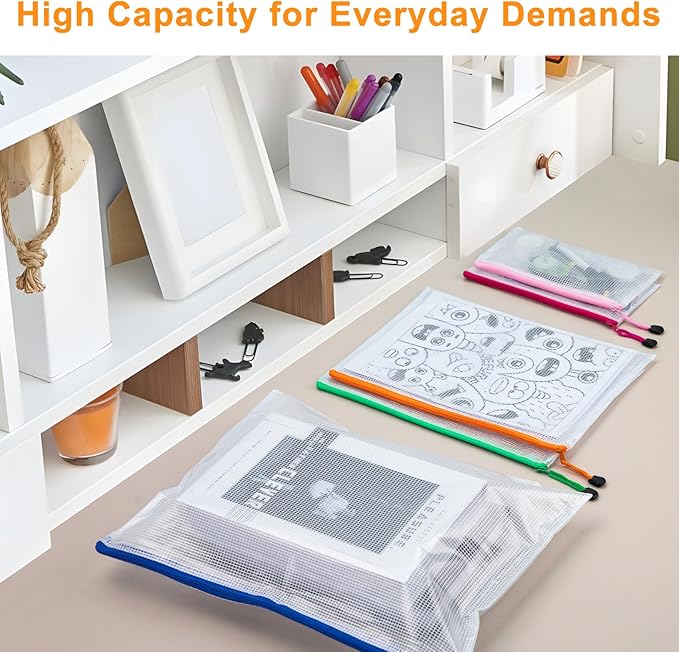 12pcs Mesh Zipper Pouch Bags, Waterproof A4 Letter Size Puzzle Bag for Organizing, Storage, Board Games and Office Supplies, 12 Colors