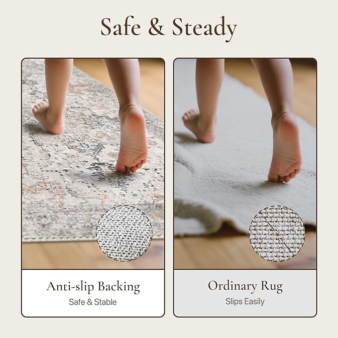 GENIMO Runner Rug 2'6"x4 Machine Washable Non Slip Vintage Hallway Runner Rug, Low Pile Lightweight Rugs for Indoor Entryway, Hallway, Kitchen and Corridor, Light Taupe Brown