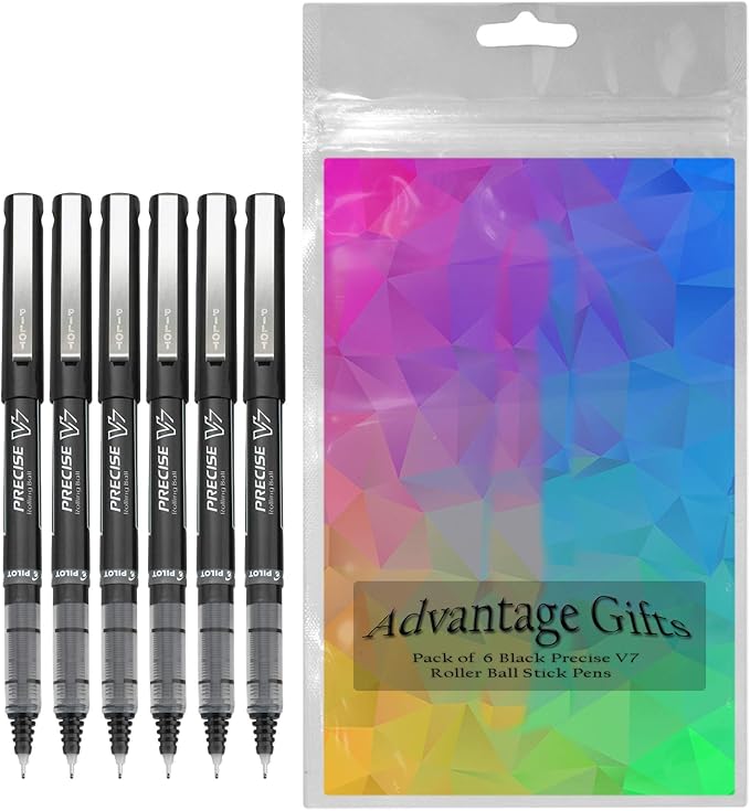 Precise V7 Stick Rolling Ball Pens, Fine Point (.7mm), Black Ink, 6-pk; Bundle with Plastic Reusable Pouch