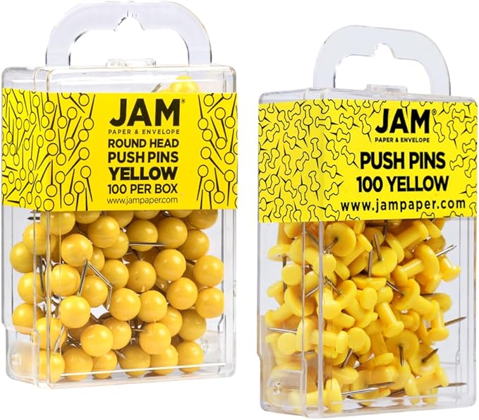 JAM PAPER Colorful Push Pins - Flat & Round Head Thumb Tack Combo Set - Yellow Pushpins - 200/Pack