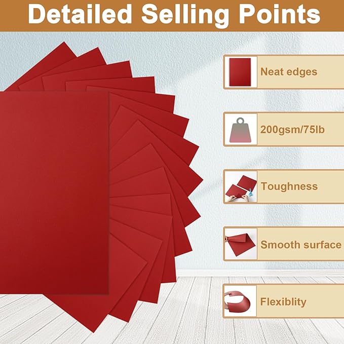 Silunkia 40 Sheets Christmas Red Cardstock 8.5 x 11 Craft Paper, 200gsm/75lb Premium Dark Red Card Stock for DIY Cards Making, Thank You Cards, Wedding Invitations, Birthday Decorations