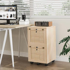VINGLI 2 Drawer File Cabinet with Lock, Rolling File Cabinets for Home Office, Small Printer Stand, Wood Rattan Oak File Organizer, Under Desk Filing Cabinet on Wheels for Folders with Tabs