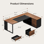 AODK 71 Inch Executive Desk, L Shaped Desk with Drawers and File Cabinet, Large Office Desk with Storage Shelves, Corner Computer Desk for Home Office, Walnut + Black