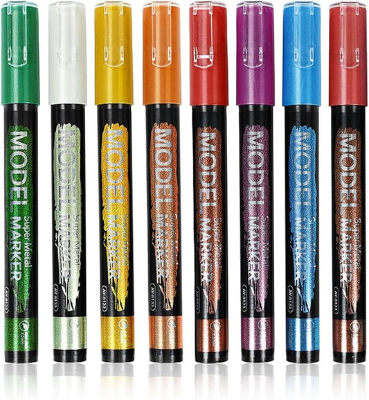 8-Color Glitter & Metallic Shimmer Acrylic Paint Markers - Chisel Tip 1-5mm, Permanent Super Golden Metallic Markers for Repairing, Model Painting, DIY Art Projects