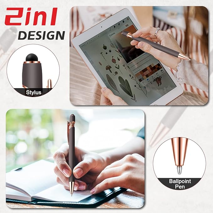 Tenare 12 Pieces 2 in 1 Stylus Metal Ballpoint Pen with Stylus Tip, 1.0 mm Black Ink Ballpoint Pen for Touch Screens(Gray and Rose Gold)