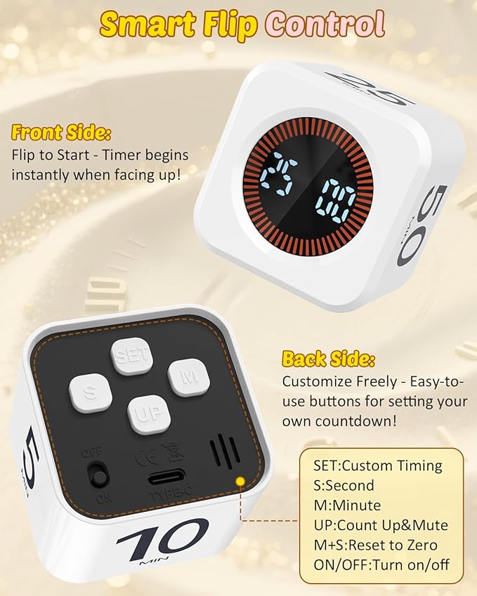 Digital Pomodoro Timer Cube 5/10/25/50min, Visual Productivity Flip Timer for Kids Classroom Desk, Custom Countdown, Silent and Sound Mode for ADHD Study Work Game Kitchen (White)